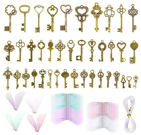 Alte Schlüssel, GWAWG40 Stück Vintage Schlüssel Set, Bronze Retro Schlüssel mit Libellen Flügel Charm, Schlüssel Deko Antiken Anhänger, Skelettschlüssel für DIY Schmuck Halskette Hochzeit Party