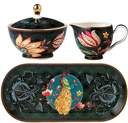 Eplze Vintage Tea Set, Bone China Sugar Bowl and Creamer Set - Elegant Peacock/Flower Series (Sugar Bowl & Milk Jug Set)