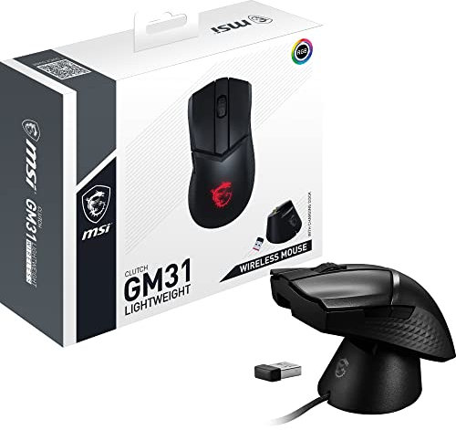 MSI Clutch GM31 Lightweight Wireless Gaming Mouse - 12.000 DPI Optischer Sensor, Rechtshänder, 60M+ Click OMRON Schalter, 6 Tasten, 110Std-Akku, Ladestation, 1ms Latenz, RGB, 73g - Kabellos/-gebunden