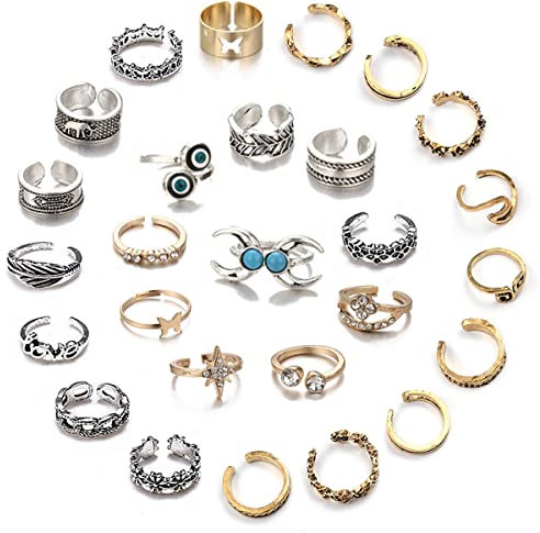 Acruccen 27 Pcs Open Toe Rings Set for Women Adjustable Vintage Retro Toe Ring Summer Beach Foot Jewelry Boho Knuckle Finger Tail Rings, Rhinestone
