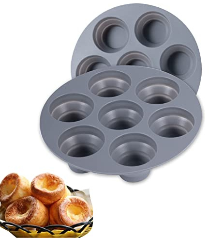 WUBAYI 2 x tiefe Muffinförmchen, rund, 7 Mulden, Silikonform, Backgeschirr, Yorkshire-Puddingblech, antihaftbeschichtet, 18 x 18 x 3 cm