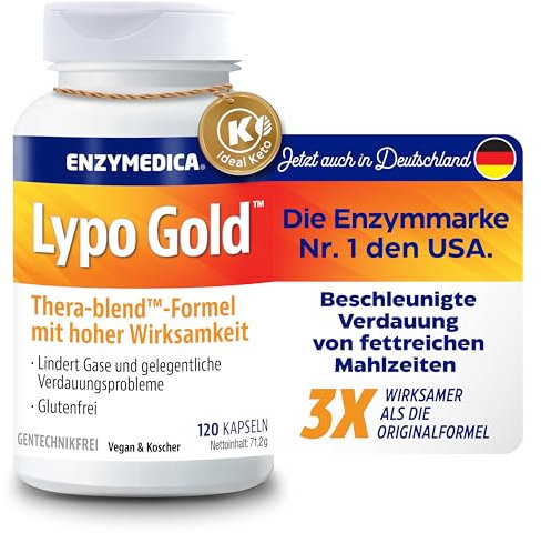 Enzymes Digestives Lypo Gold, Complément Alimentaire, Digestion Confortable, Anti Ballonnements et Ventre Gonflé, Confort Digestif, Lipase, Protéase, Amylase, Perle Digestive, 120 Capsules