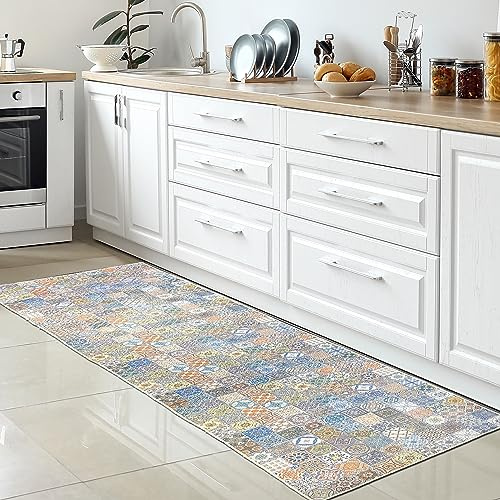 CARPETIA Küchenteppich Fliesenmuster Bunt rutschfest 100x250 cm | Rutschfest, pflegeleicht, schmutzabweisend und strapazierfähig, mit Gelrücken, für Fußbodenheizung, Küche & Esszimmer