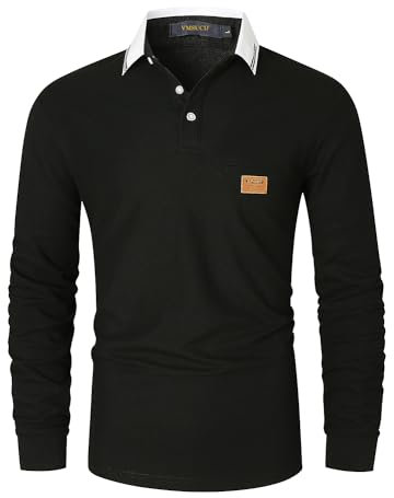 VMSUCIJ Long Sleeve Polo Shirts Mens 100% Pique Cotton Activewear Polos Golf T-Shirt with Pocket Collared Tops,Black 40,M