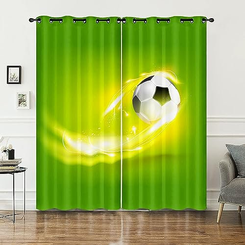 HOSIMA Fußball-Vorhänge,Ösenvorhänge,Set mit 2 Vorhängen,Grüne Blendung,Fußball-Aufdruck,Vorhänge für Kinder und Teenagerzimmer(Grün leuchtender Fußball M)