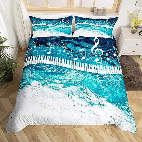 Piano Keys Bettbezug Set S Größe,Musiknoten Bettwäsche Set,Kinder Mädchen Jungen Erwachsenenzimmer Dekor 3D Ozean Tröster Abdeckung Gradient Blau Weiß Wellen Quilt Cover,1 Kissenbezug