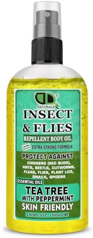Insect Repellent with Tea Tree & Peppermint Essential Oil Repellent Against Chiggers (Red Bugs), Ants, Beetls, Cutworms, Fleas, Flies, Plant Lice, Snails and Spiders for Body Oil (50ml Spray)