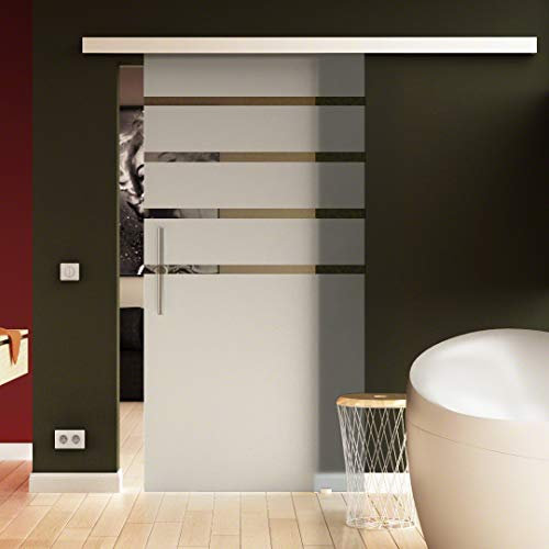Schiebetür in Glas 205x77,5 cm (HxB) Dessin: 5-Streifen Oben Sadora® SlimLine-System komplett Laufschiene und Griff aus Edelstahl, für Innenbereich. ESG-Sicherheitsglas