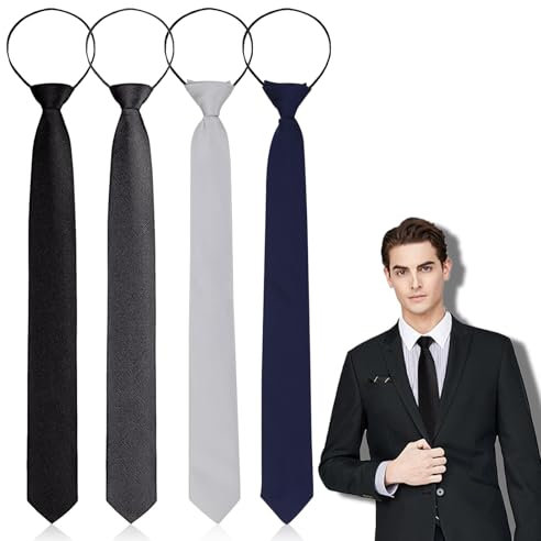 4 Stück Herren Krawatte Set, Verstellbarer Krawatten Set für Herren mit Reißverschluss, Krawatte Vorgebunden Herren Knoten Herren für Krawatten Hochzeit Schlips, Trauerkrawatte Reißverschluss Vatertag
