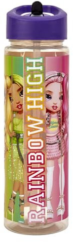 HOX Collection Rainbow High 600ML Flip Up Straw Drinks Bottle Reusable BPA-free Plastic Water Bottle with Carry Loop Removable straw & spills Proof Rainbow High licensed Merchandise