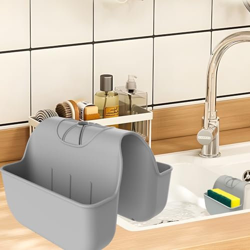 OKeanu Sponge Holder for Kitchen Sink, Silicone Sink Saddle Caddy Organizer Rack, Sponges Holder Over Faucet, Hanging Kitchen Sink Organizer Accessories Rack Basket - Gray