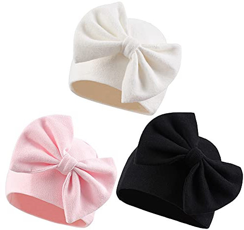 XIAOHAWANG Babymütze für Neugeborene & 6-monatige Kinder - Baumwolle, Dicke Mütze mit Schleife für Mädchen & Jungen - Herbst & Winter (6-12 Monate, Weiß+Rosa+Schwarz)