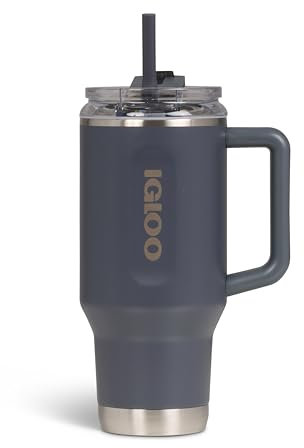 IGLOO Thermobecher Travel Mug 32 – 950 ml Edelstahl Isolierbecher mit Strohhalm, anthrazit, auslaufsicher, Kohlensäure geeignet, hält Getränke 12h heiß & 48h kalt, BPA-frei, ideal für unterwegs
