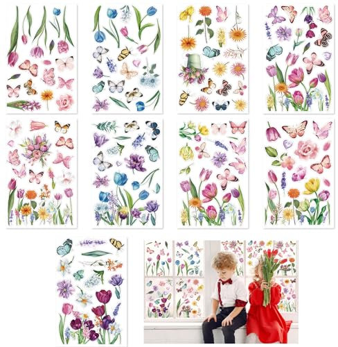 SPOKKI 9 Blätter Fensterbilder Frühlings-Fensteraufkleber, Frühling Fensterbilder Schmetterling Blume, Fensteraufkleber für Kinderzimmer, Party Zubehör