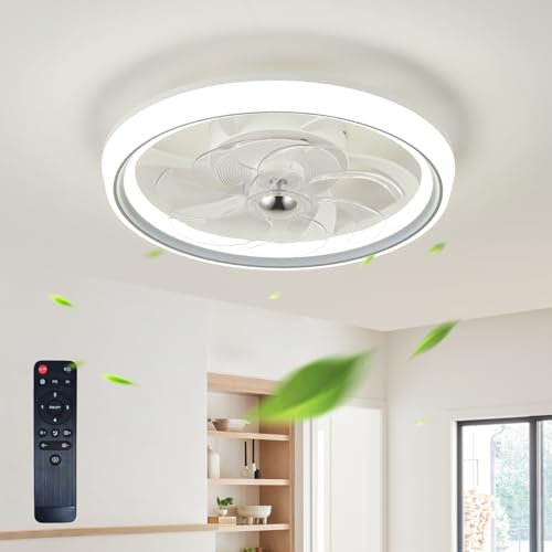 UNRRYI Low Profile Ceiling Fan With Light 50CM Ultra Thin Reversible 0%-100% Dimmable 4 Speeds Modern Fan With Remote for Bedroom, Living Room, Office