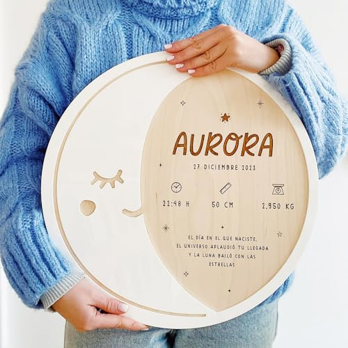 MONAMI - Cartel Natalicio Luna personalizado en madera y metacrilato para pegar o colgar. Incluye los datos personalizados del nacimiento