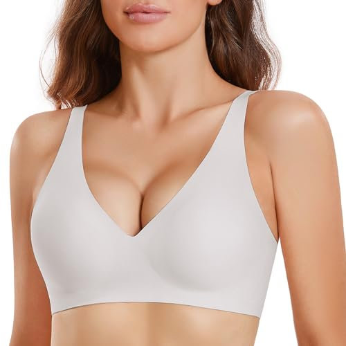 JOYTREE Glatter Bügelloser BH Damen Ohne Bügel mit tiefem V-Ausschnitt Soft Nahtloser BHS Seamless Tshirt Schlaf Bra Klassische Gepolstert Bustier Bequem Bralette Ohne Buegel weiß 2XL