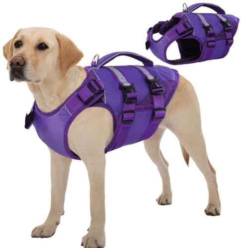 Kuoser Schwimmweste Hund Große, Rettungswesten für Hunde Schwimmweste mit Griff und Reflektierend, Verstellbar Hundeschwimmweste, Schwimmweste für Große Hunde mit Verbesserter Auftrieb, Violett XL
