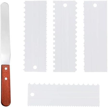 Littlegaofeithing 5Pcs Plastique Grattoir à Bord de Gâteau +Inoxydables Spatule à Crème,Argent Spatule à Crème,Blanc Lisseur à Gâteau pour Cuisine, Pâtisserie, Pizza, Pain, Gâteau.