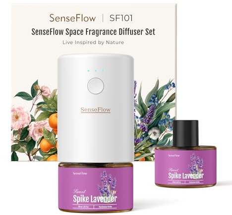 SenseFlow Aroma Diffuser für Ätherische Öle SF101, Wasserloser Ultraschall Duftstecker Raumduft, 100% pflanzlich Lufterfrischer, 120-Tage Aroma für Zuhause, Hotel - bis zu 100 m² - Speiklavendel