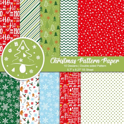 Morcheiong 55 Blatt Frohe Weihnachten Musterpapier Set, Dekoratives Papier für Die Kartengestaltung, Scrapbook, Fotoalbum, Dekor, 10 Designs (Mischfarben, 5,7 x 8,27 Zoll)
