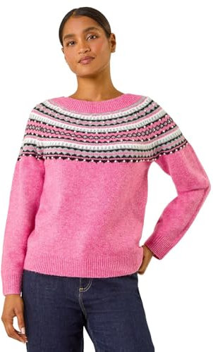 Roman Fairisle Jumper for Women UK Ladies Stretchy Winter Autumn Sweater Smart Casual Knit Knitwear Knitted Pullover Comfy Soft Thick Lightweight Dinner Party Office Work - Pink - Size 14