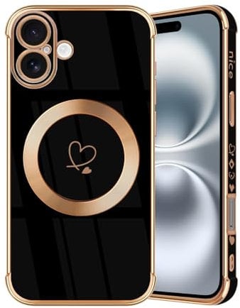 JRIANY Magnetic for iPhone 16 Case, Compatible with MagSafe Silicone Case Design Love Heart Pattern Protective Flexible Shockproof Phone Case Cover Compatible with Apple iPhone 16 6.1-Inch - Black