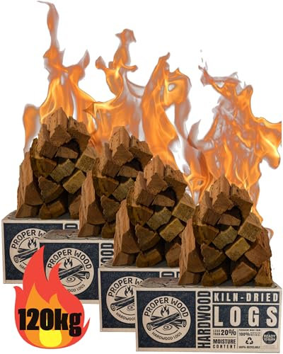Kiln Dried Hardwood Firewood Logs - Proper Wood 120kg Box. Certified 'Ready to Burn', Low Moisture, Long Lasting Heat & Minimal Smoke. Indoor Fireplaces, Stoves Or Outdoor Fire Pit, Pizza Oven & BBQ