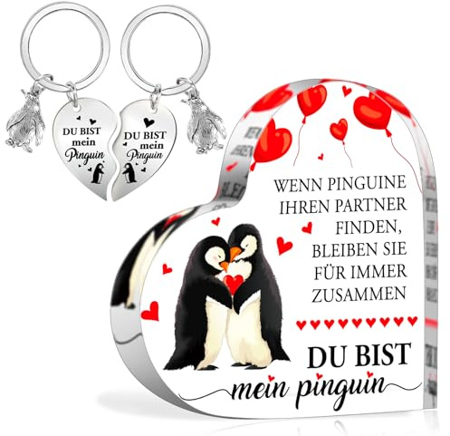 HOWAF Ich Liebe Dich Geschenke für Frauen Männer, Pinguin Herzförmiges Acryl Heimat Dekoration, Pinguin Schlüsselanhänger, Jahrestag Geschenk für Sie Ihn, Hochzeitstag, Weihnachten, Valentinstag Deko