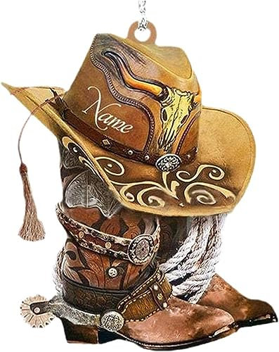 Cowboystiefel zum Aufhängen, Ornament für Weihnachtsbaum, Cowboystiefel und Hut, Auto-Rückspiegel-Zubehör, Weihnachtsdekoration, personalisierte Hüte, flach, Acryl, zum Aufhängen