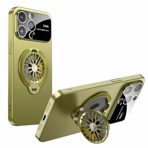 LOWBDGFU Magnetic Case for iPhone 15 Pro Max/15 Pro/15 Plus/15, Window Glass Lens Protection, 360° Rotating Gyroscope Ring Stand Mobile Phone Case (Colour: Green Green, Size: 15ProMax)
