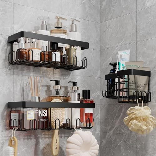 RUIHANDA Estanteria Baño - Resistente al Agua y al Oxido, 3 Piezas Negro Estanteria Ducha sin Taladro, Organizador Ducha para Champú y Gel de Baño