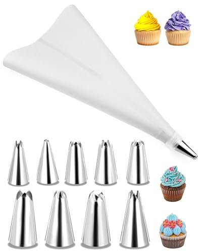 ZEXIJOW 1 poche à douille professionnelle facile à utiliser et à nettoyer,Avec 10 douilles en acier inoxydable pour décorer gâteaux et cupcakes,Biscuits,Glaçage,Réutilisable