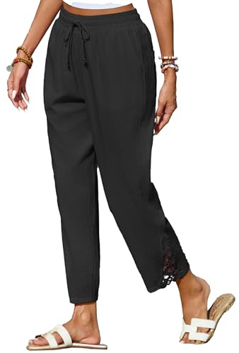 Famulily Damen-Baumwollhose, leicht, entspannt, gerade Passform, Kordelzug, elastische Taille, Strandhose mit 4 Taschen, Schwarz , L