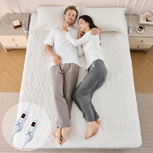 Bearhug Electric Heated Mattress Pad King Size 150 * 200cm Ivory, Soft 200GSM Sherpa, Dual Heating Zones, 10 Temp Settings, 12h Auto-Off, 2.5m Power Cord, Fits 45cm Depth, Washable, UKCA Certified