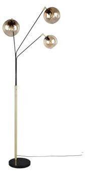 meineWunschleuchte Lampadaire à 3 ampoules avec abat-jour en verre ambré et boule - Noir et doré - 200 cm