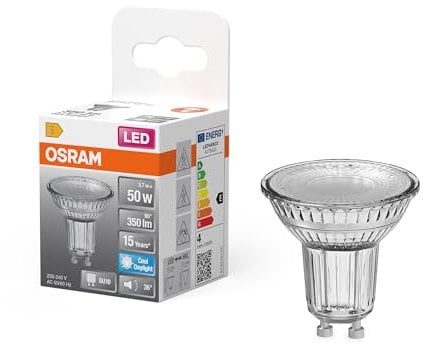 Osram LED-Spot Star PAR16 Reflektor, 6500 K kaltweißes Tageslicht, 3,7 W, GU10, 36°, 350 lm, klar, für Spotbeleuchtung, Akzentlicht, 15.000h