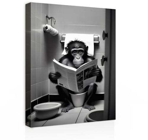 Galmcook Badezimmer Wandbild Leinwandbild mit Rahmen Lustiger Affe auf Toilette – Humorvolles Kunstdruck Bild für Gäste WC, Toilette oder Bad Wanddeko mit Haken und spurlosen Nägeln 30x40 cm