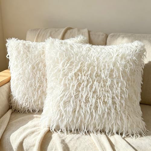 OYIMUA 2er Set Flauschig Kissenbezug 40x40 Creme Weiß Deko Kissenbezüge Quadratisch Feder Sofakissen Moderne Dekokissen Weich Plüschkissen für Wohnzimmer Schlafzimmer