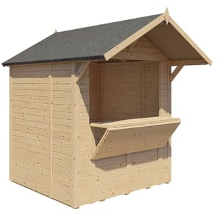 WOODTEX Marktstand | Verkaufsstand Holz | 177x171x243 cm | 3,1m² | Natur | mit Boden | Satteldach | Wandstärke 14mm | Dach 12mm | Fichte | Markt | Weihnachtsmarkt | Wochenmarkt | Flohmarkt | Festival