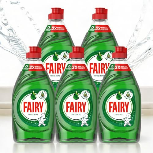 5 x Fairy Original Washing Up Liquid 320ml Bottles – Powerful Grease-Cutting, Concentrated Formula, Long-Lasting Fresh Scent, Gentle on Hands, Essential Kitchen Dishwashing Liquid