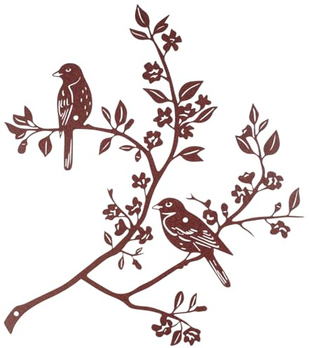 hocadon Wanddekoration Wanddeko Metall Vögel auf AST Silhouette Retro Wanddekoration mit Vögeln aus Metall 30x26,8cm für Haus Garten Büro Wohnzimmer(Rostige Farbe)