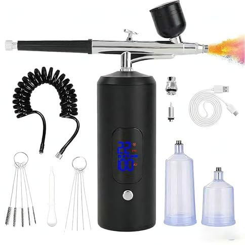 Airbrush Kit with Compressor 38PSI Rechargeable Mini Cordless Airbrush Compressor Non-Clogging High-Pressure Air Brush Set with Nozzle for Nail Art Cake Decor Barber Model Painting Makeup Black