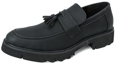 ZARAPLUS Mocasines con Borlas para Hombre Zapatos De Vestir Sin Cordones con Suela Gruesa Calzado Casual Formal para Oficina Y Uso Diario,Negro,46 EU