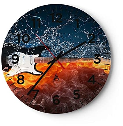 Modern Wanduhr Gitarre Instrument Musik 30x30cm Rund Klein Wand Uhr Glas Analog Zimmeruhren Küche Büro Wohnzimmer Glasuhr Wall Clock Dekoration Design Wanddekoration Küchenuhr C4AR30x30-0215