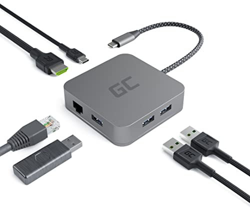 Green Cell® USB-C HUB Adattatore 6 in 1 (3X USB 3.0, HDMI 4K, Ethernet, USB-C) con Power Delivery 87W per MacBook PRO 13/15, dell XPS 13/15 e Compatibile con Dex Samsung S10 / S10+ / S10e / S9+ / S9