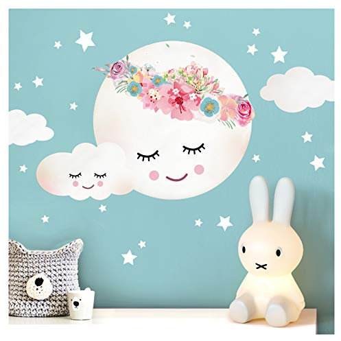Little Deco Wandsticker Kinderzimmer Mädchen Mond Wolken Sterne Blumen I L - 40 x 29 cm (BxH) I Wandtattoo Babyzimmer selbstklebend Wandaufkleber Baby Kinder DL264