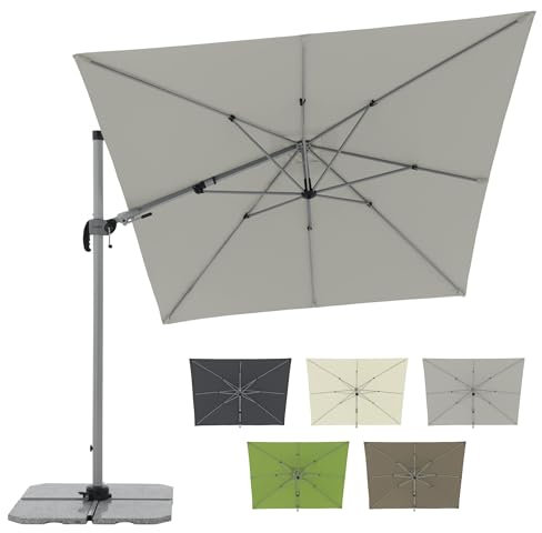 Doppler Sombrilla cuadrada 320x240 cm en color gris-claro, péndulo plegable, giratoria y basculante, con protección UV 50+, manivela y estructura de aluminio, tela repelente al agua