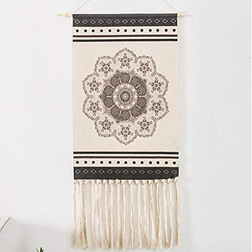 CoutureBridal Wandbehang Mandala Bohemian Wandteppich Grau Blumen Indische Tapisserie Boho Handgemachte Quaste Wand Dekoration Flachs Kunst Deko Ethno Wall Hanging Wandtuch 50x70cm+28cm