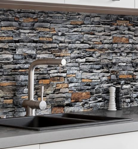 MyMaxxi Küchenrückwand Folie selbstklebend matt Versteift - einfache Montage ohne Bohren - Motiv Mauer 01-60cm hoch - Spritzschutz Küche Klebefolie - Mauerziegel Steine 400 x 60cm